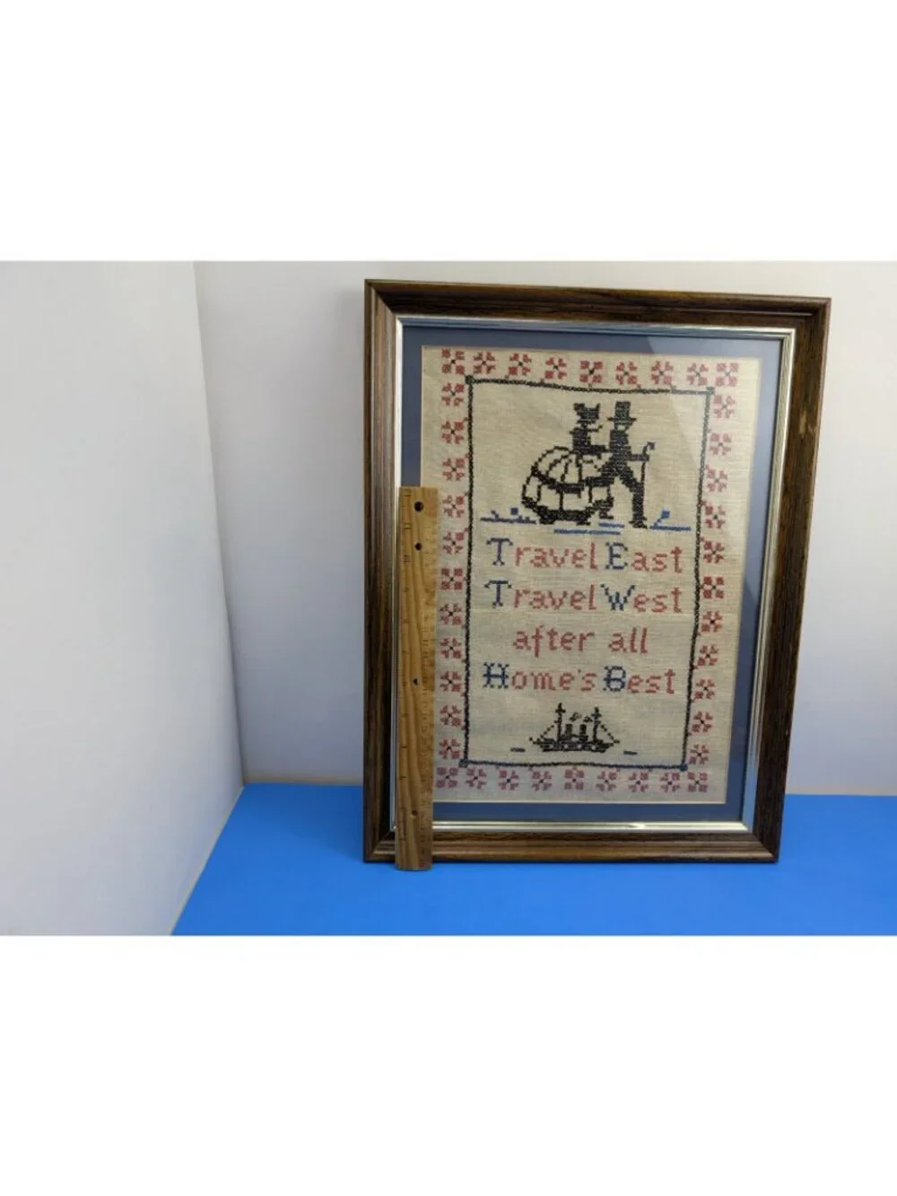 Vintage Framed Needlepoint Embroidery Travel East Travel West Home Best Nautical